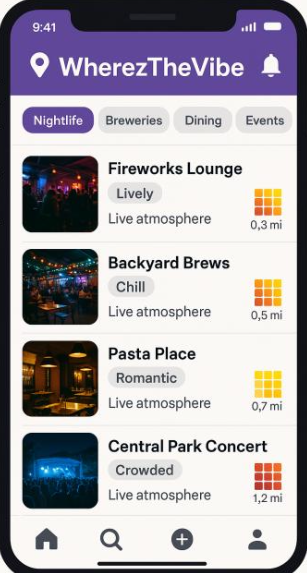 A mockup of a smartphone showing the wherezthevibe app interface with a map of nearby venues and their current vibe status indicated by glowing icons.